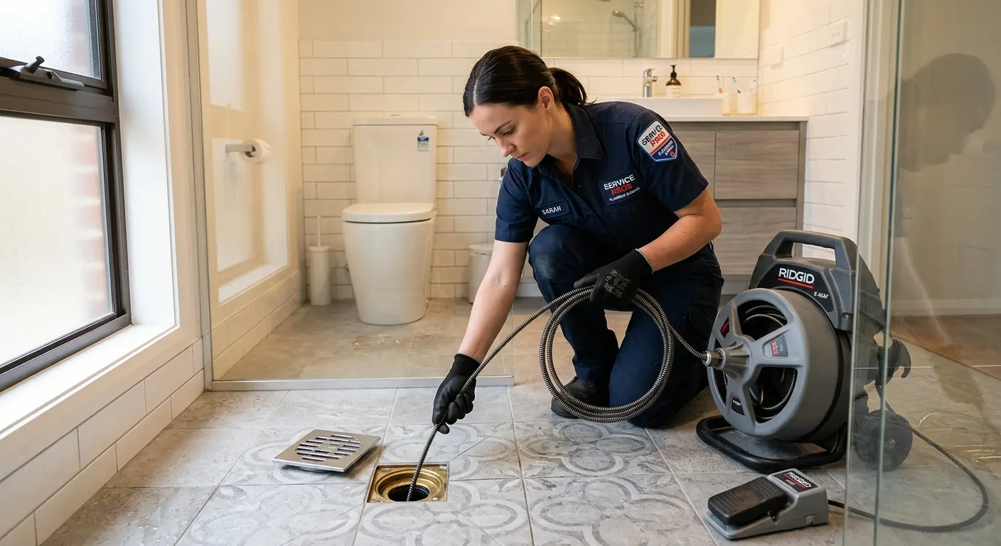 Technician clearing a bathroom floor drain for Sewer Line Installation in Millbrae